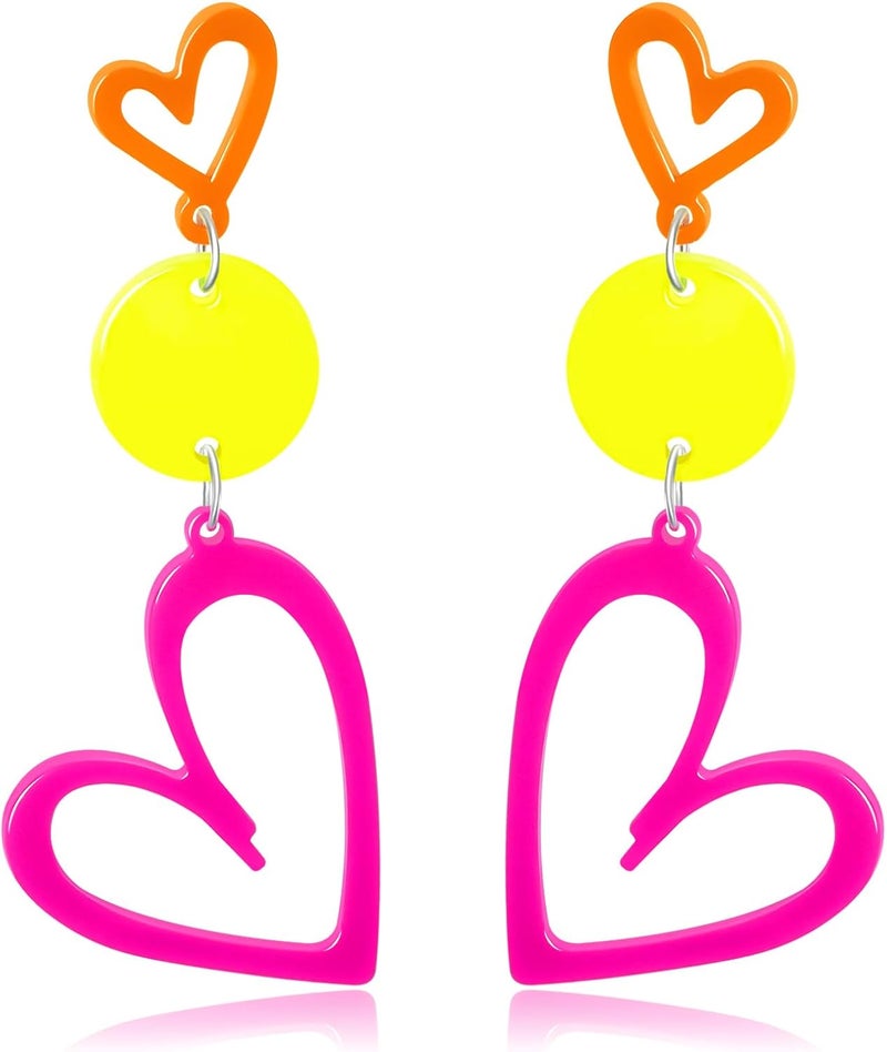 HOLYRY Neon Heart Earrings for Women Acrylic Neon Earrings 80s 90s Outfit for Women Glow Party Accessories Gifts Hot Pink Orange Green Yellow - Image 1